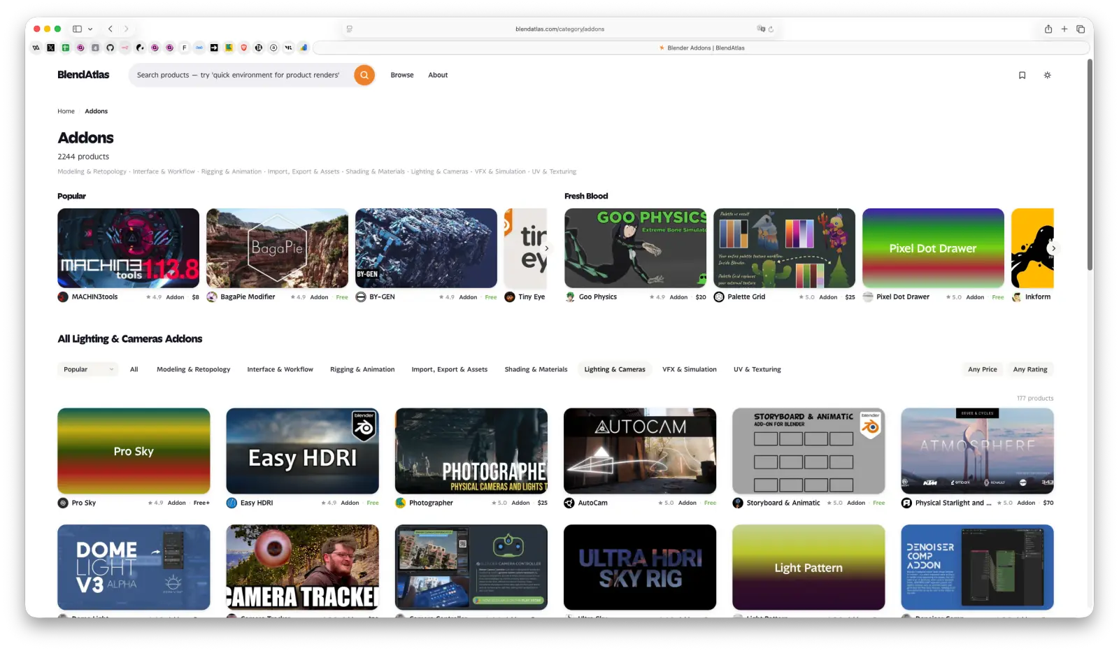 BlendAtlas Addons catalog filtered to Lighting & Cameras — HDRI tools, dome lights, sky rigs, camera kits