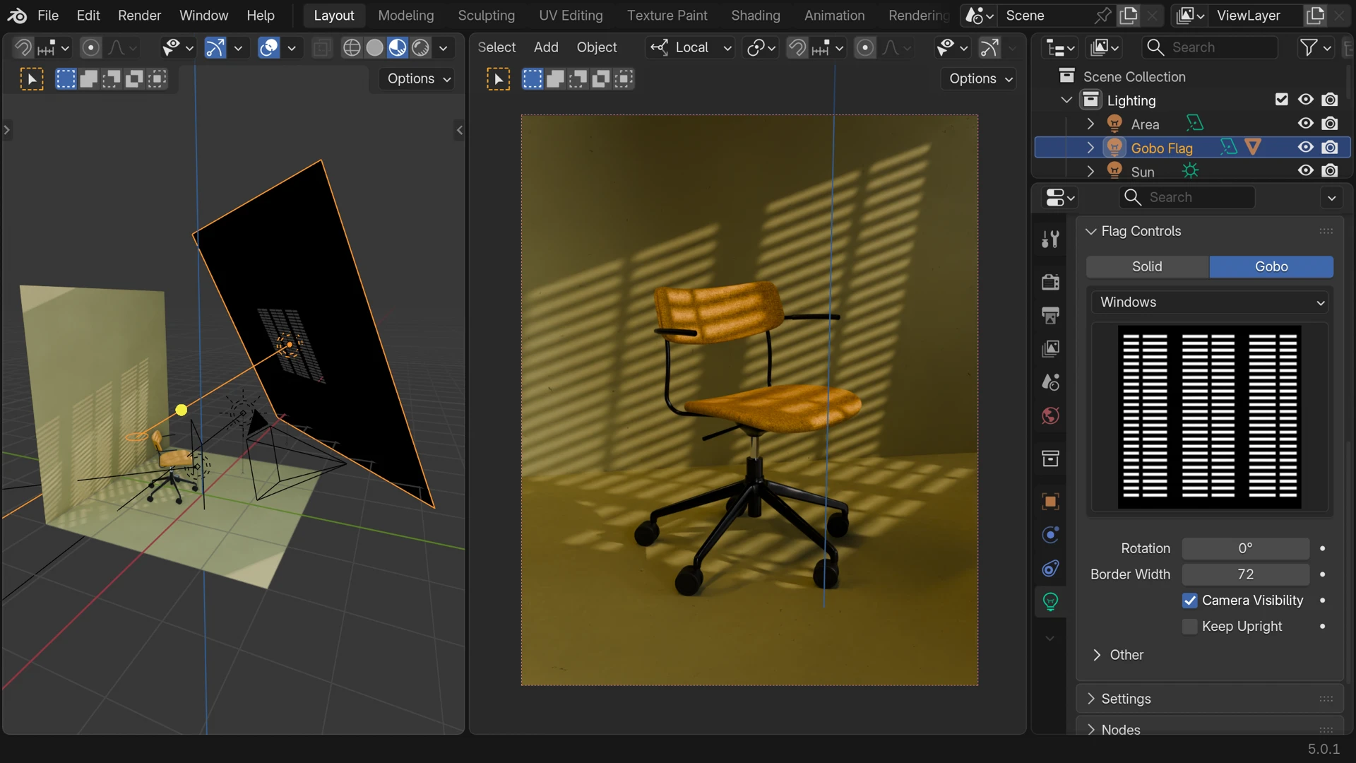 Blender viewport showing a window gobo shadow tilted on the wall with Keep Upright disabled