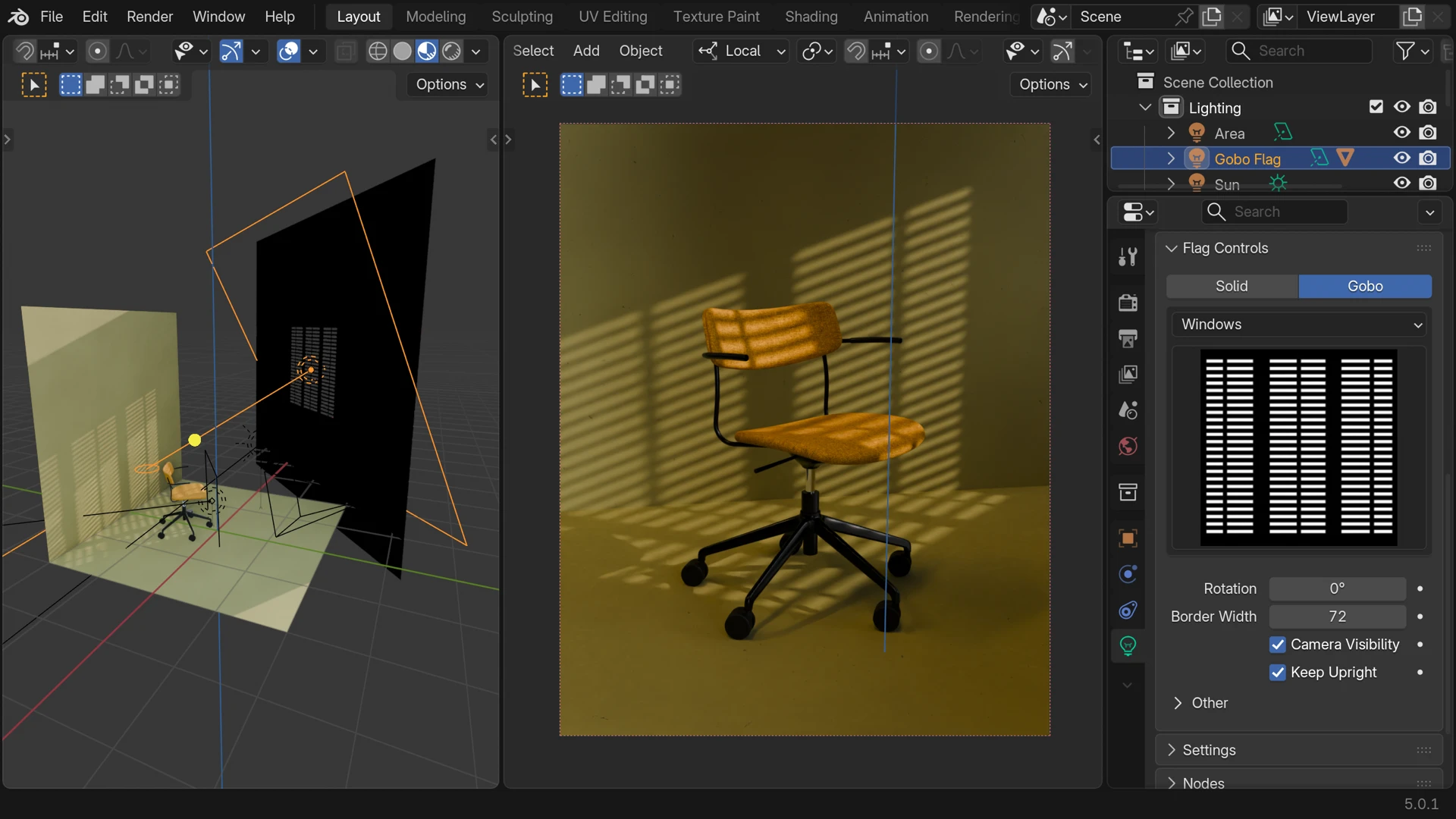 Blender viewport showing a window gobo shadow correctly upright on the wall with Keep Upright enabled