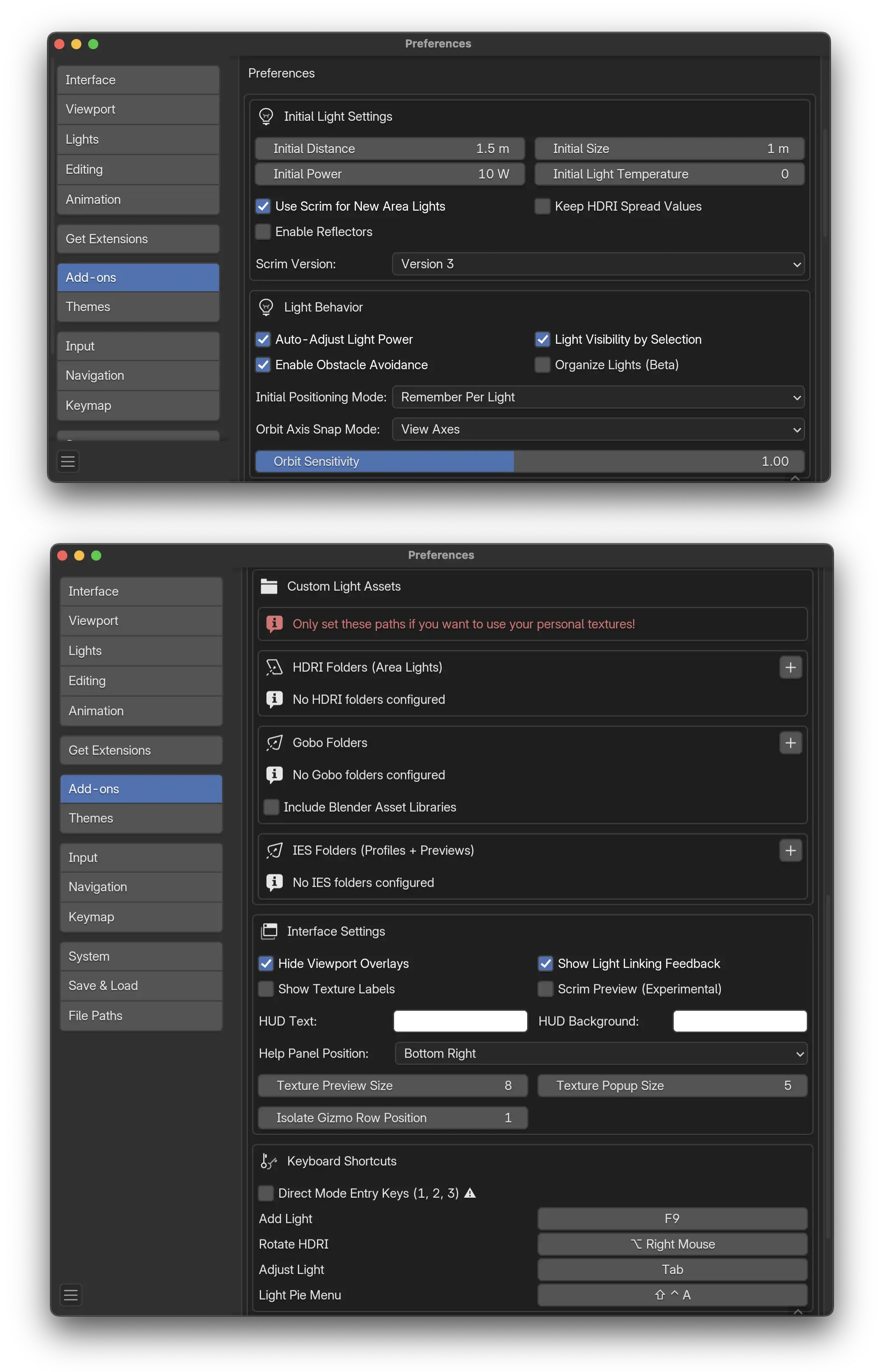 Light Wrangler Preferences panel in Blender showing configuration options