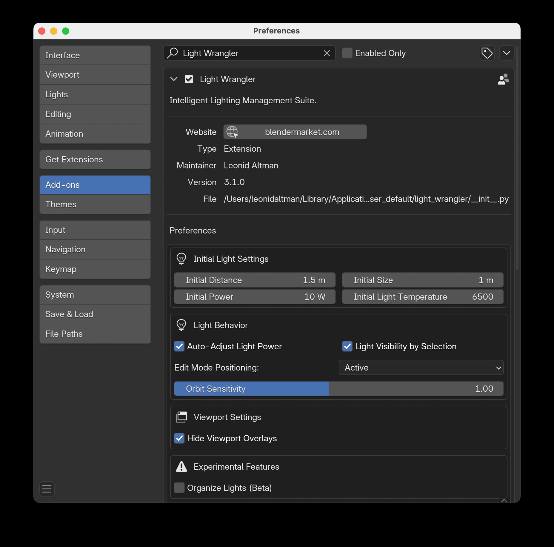 Light Wrangler Preferences panel in Blender showing configuration options