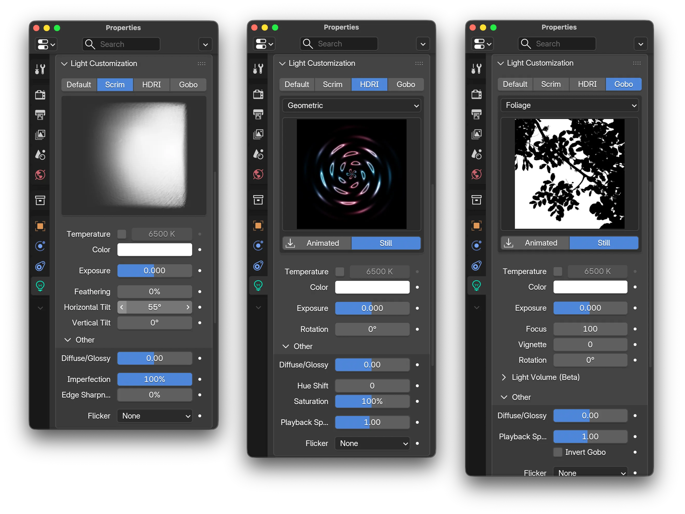 Light Wrangler customization panel