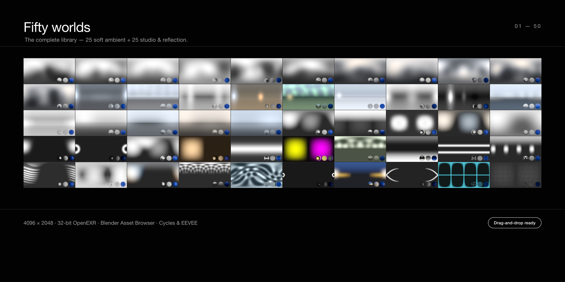 The full set — all 50 ambient HDRI worlds