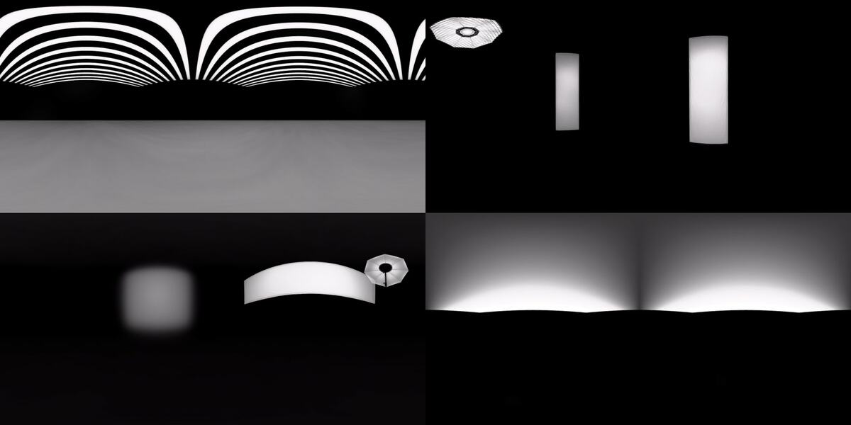 Studio 360 HDRI preview — strip lights, cyclorama walls, umbrella, and gradient backgrounds