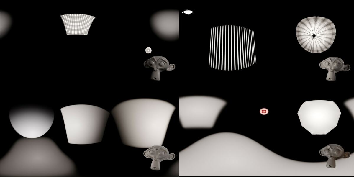 Studio 360 HDRI preview — LED panels, striped softboxes, beauty dishes, and complex setups