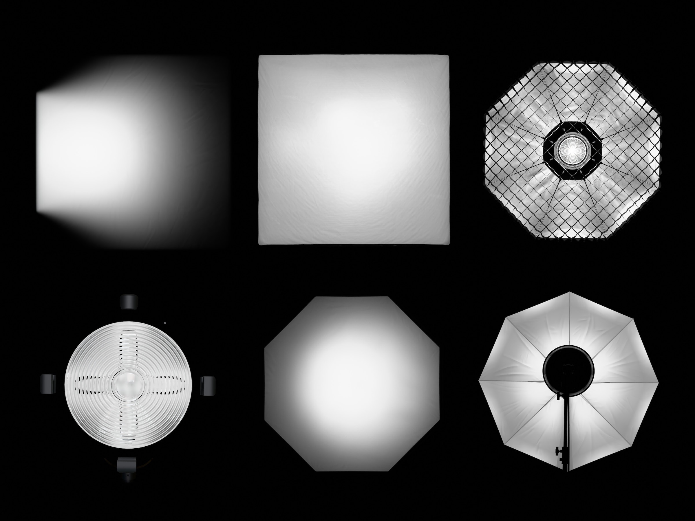 Six studio lighting HDRIs — fresnel, softbox, octabox, gridded octabox, gradient scrim, and umbrella